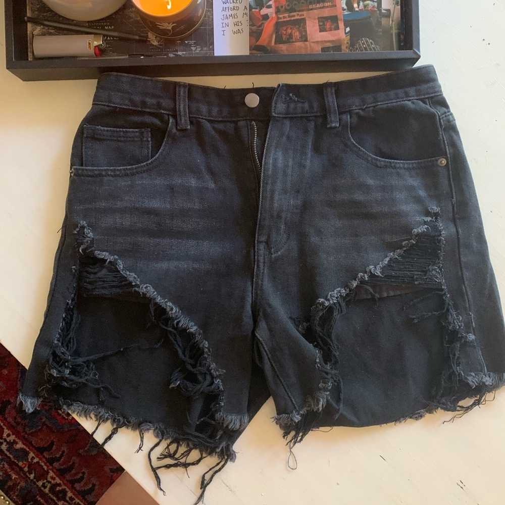 Black distressed denim shorts